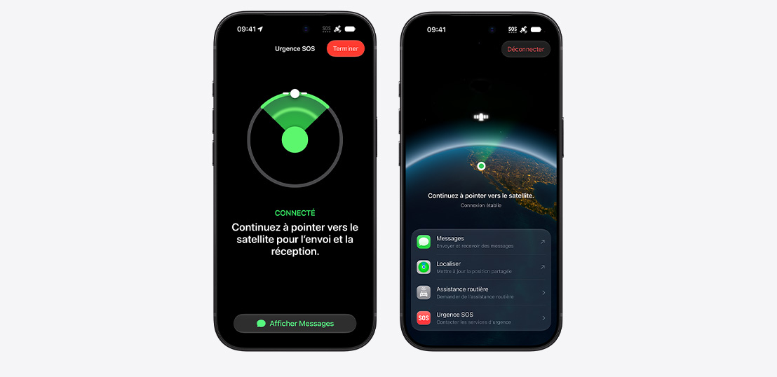 Deux modèles d’iPhone côte à côte, l’un affiche les widgets Messages et Localiser par satellite, l’autre la fonctionnalité Urgence SOS en cours d’utilisation