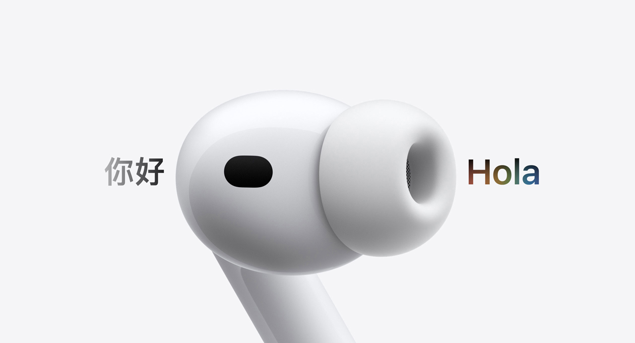 AirPods Pro 3, audífono con almohadilla de silicón, Traducción en Vivo cambia los caracteres en inglés que dicen 'hello' a un texto en español que dice 'hola'