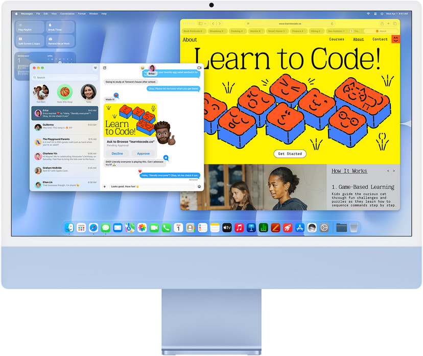 iMac, parte delantera, color azul, muestra la app Mensajes y un sitio web de Aprender programación.