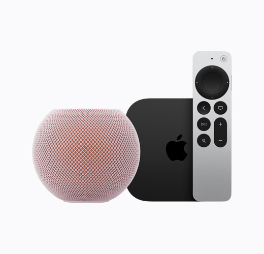 HomePod mini, pink, Apple TV 4K, black, with Siri Remote, silver