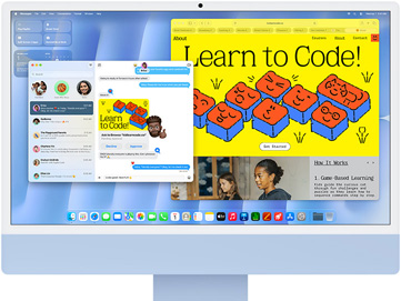 Niebieski iMac, przód obudowy, na ekranie widać aplikację Wiadomości i stronę internetową Learn to Code