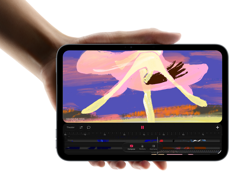 Widoczny od przodu iPad mini trzymany w dłoni, na ekranie widać interfejs do edycji wideo z kolorowymi klipami, poniżej wzmianka o czipie A20 Pro