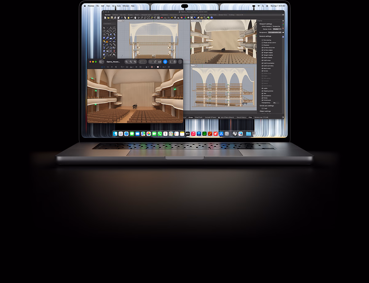 16‑calowy MacBook Pro z wyświetlaczem PROLED XDR, kolor srebrny, na ekranie widać obiekt modelowany w aplikacji Rhino