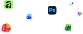 Ekranda Microsoft Word, Adobe Photoshop, Canva ve Figma gibi çeşitli uygulamaların simgeleri süzülüyor