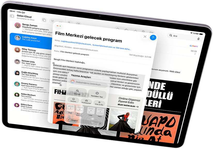 Yatay pozisyondaki iPad Air’in ekranında Apple Intelligence ile Yazma Araçları ve Mail gösteriliyor