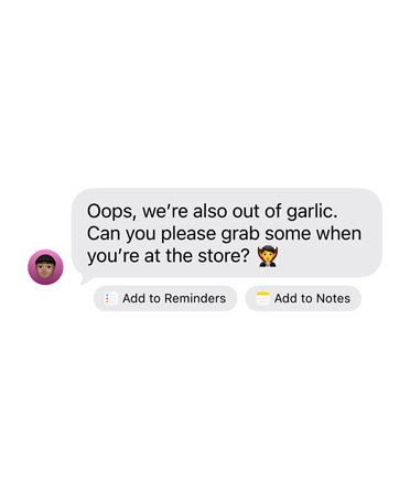 رسالة iMessage واردة يظهر تحتها زرّان لإجراءين مقترحين هما: Add to Reminders وAdd to Notes
