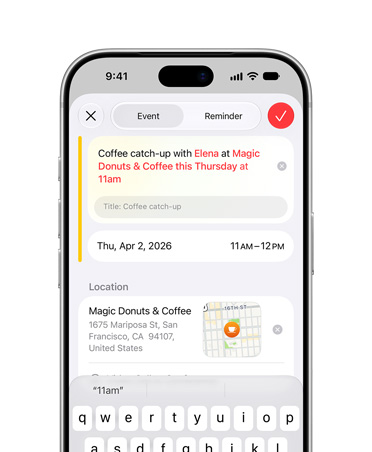 جهاز iPhone&nbsp;18&nbsp;Pro، لون فضي، شاشة تعرض Apple&nbsp;Intelligence وهو ينشئ فعالية في تطبيق التقويم بناءً على وصف قدمه المستخدم