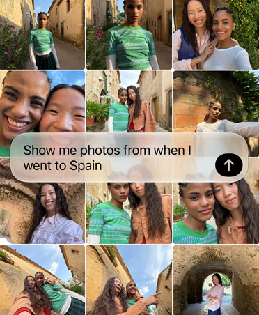 مزيج لصور من رحلة، يضم أشخاصاً عدة في إعدادات متنوعة. نافذة لنص يقرأ: أرني صوراً من آخر رحلة لي إلى إسبانيا.