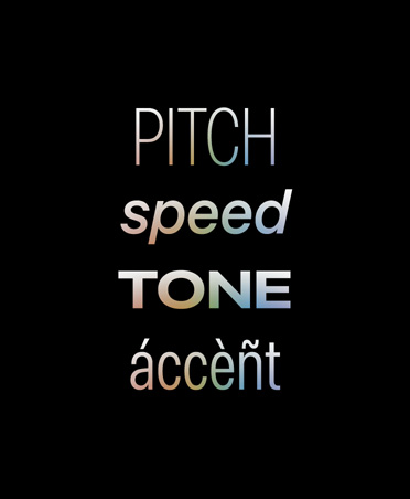 خصائص الصوت مكتوبة على خلفية سوداء، يظهر نص كما يلي: Pitch, speed, tone, accent