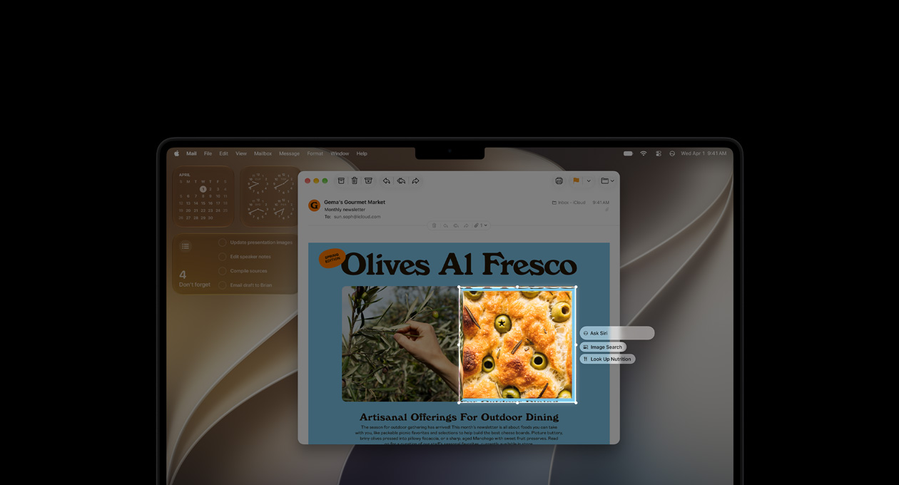 MacBook Pro 14 pouces, noir infini, l’écran affiche une démonstration de l’intelligence visuelle, montrant un courriel contenant des images d’aliments et d’herbes, une boîte encadre une image d’olives dans du pain et les trois invites Demander à Siri, Recherche d’images et Chercher des informations nutritionnelles se superposent à l’image