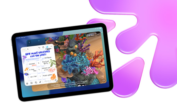 En iPad viser en grafisk skattejagt i et akvarium i Freeform og JigSpace for at fremhæve de kreative muligheder