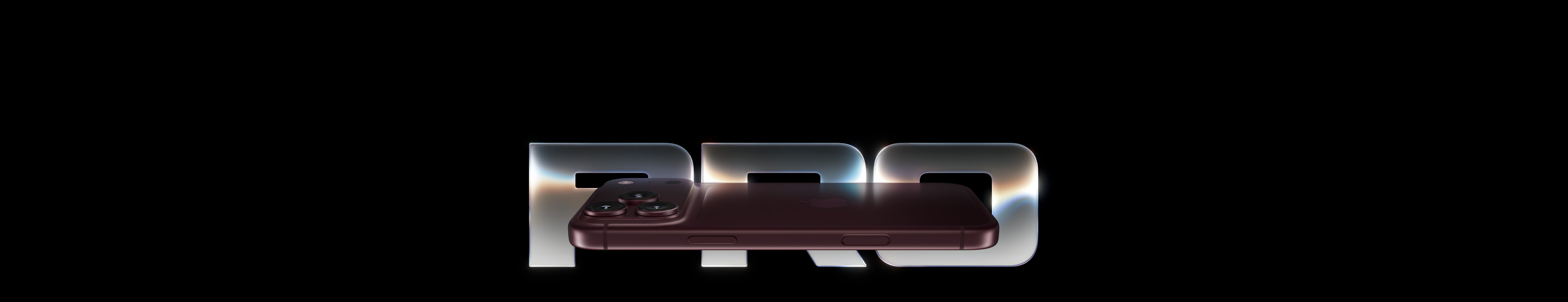 iPhone 18 Pro, Burgundijas sarkanā krāsā (tumši sarkana), aizmugure, Pro Fusion kameru sistēma augšpusē, Apple logotips centrā, sāns, sānu poga, Camera Control, vārds Pro ar lieliem sudraba krāsas burtiem un mirdzošu zilas un rozā krāsas neona efektu