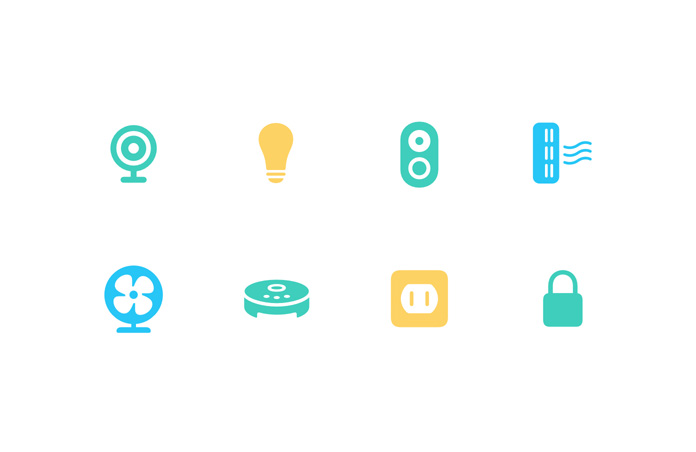 Íconos de accesorios smart home: incluye íconos como candado, cámara, ventilador, enchufe, foco y timbre
