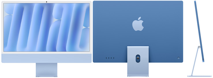 Front, rear and side exterior of iMac, blue color