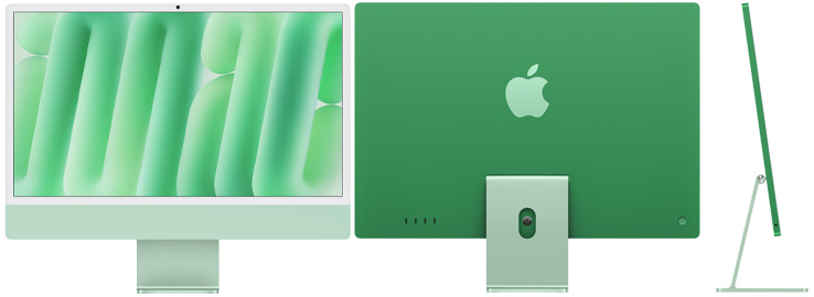 Front, rear and side exterior of iMac, green color