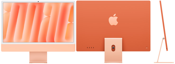Front, rear and side exterior of iMac, orange color