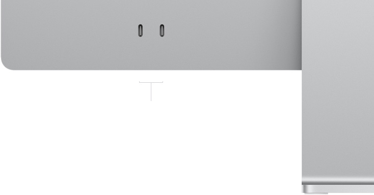 Rear exterior of iMac, lower left corner, two Thunderbolt / USB 4 ports