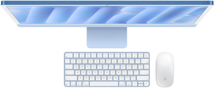 iMac, blue color, top exterior, with Magic Mouse and Magic Keyboard with Touch ID