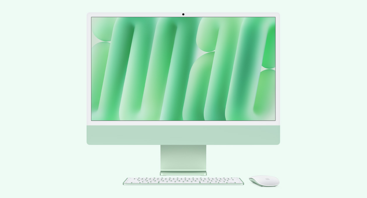 iMac, green color, front exterior, with color-matched Magic Mouse and Magic Keyboard