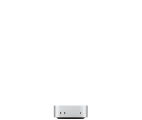 Mac mini, front, two Thunderbolt (USB-C) ports, status indicator light and headphone jack, tapered black base at bottom, flat top, rounded sides, straight edges, silver color