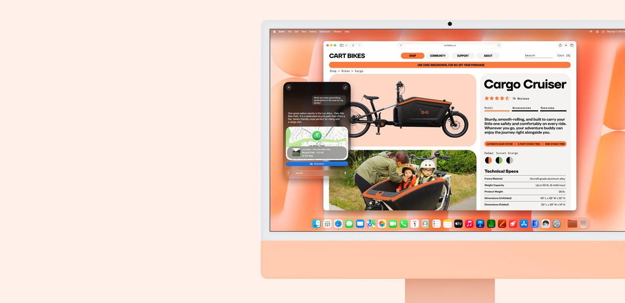 iMac, front exterior, orange color, displaying Siri AI conversation for bike path recommendations, and Safari browser with a bike website