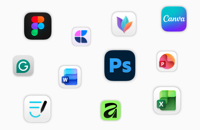 Various app icons floating on screen, including Adobe Photoshop, Canva, Microsoft Excel, and Figma