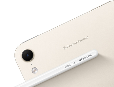 iPad back view in light gold color, featuring the back camera and showing engraving on both the Apple Pencil Pro and the back of the iPad.