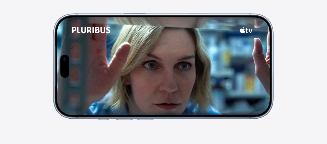 iPhone&nbsp;18&nbsp;Pro, вид спереду в горизонтальному положенні, на екрані відтворюється серіал Apple TV «Єдина»