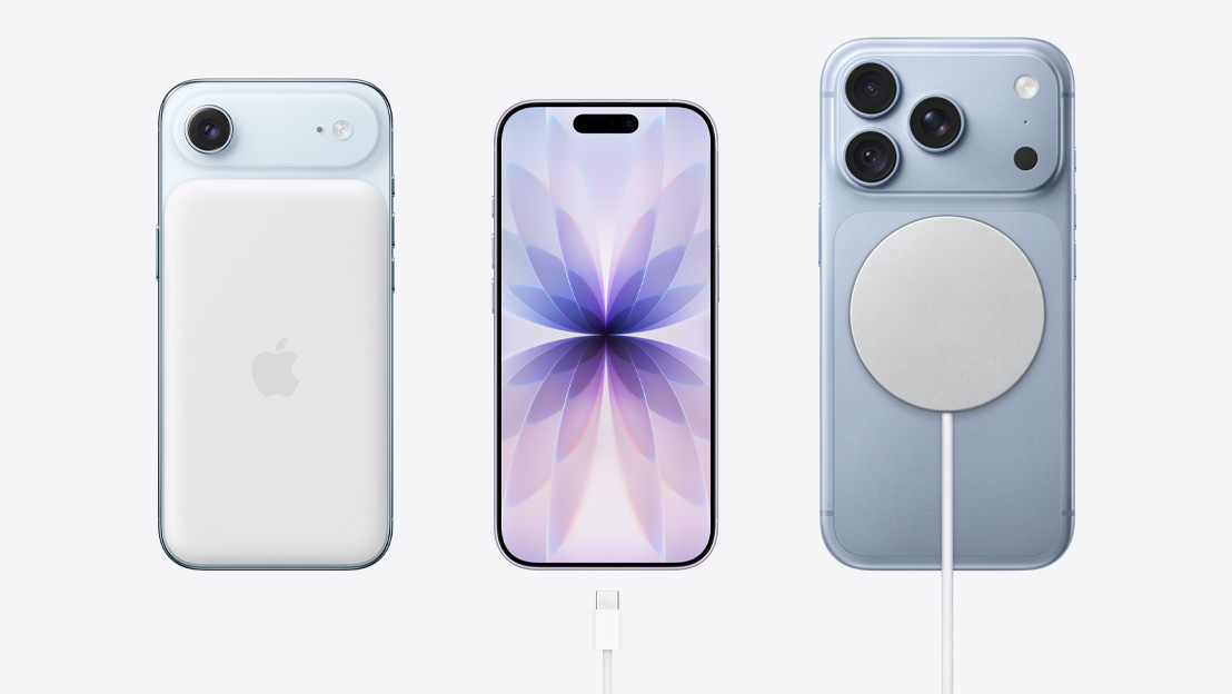 Моделі iPhone, розміщені поруч: iPhone Air, вид ззаду, хмарно-білий колір з акумулятором MagSage; iPhone 17, вид спереду, на екрані відображається стандартне фонове зображення; iPhone 18 Pro, колір «Арктичний лід», вид ззаду, підключений зарядний пристрій MagSafe