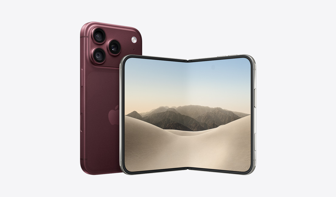 iPhone 18 Pro, бордовий колір, зовнішня поверхня зі скошеною задньою частиною, система камер Pro Fusion 48 Мп, логотип Apple у центрі, бічна кнопка, контролер камери, iPhone Duo, колір «біла зоря», передній дисплей, частково відкритий, у горизонтальному положенні, одне зображення на всьому внутрішньому дисплеї, тонка чорна рамка дисплея, закруглені кути, бічна кнопка, контролер камери