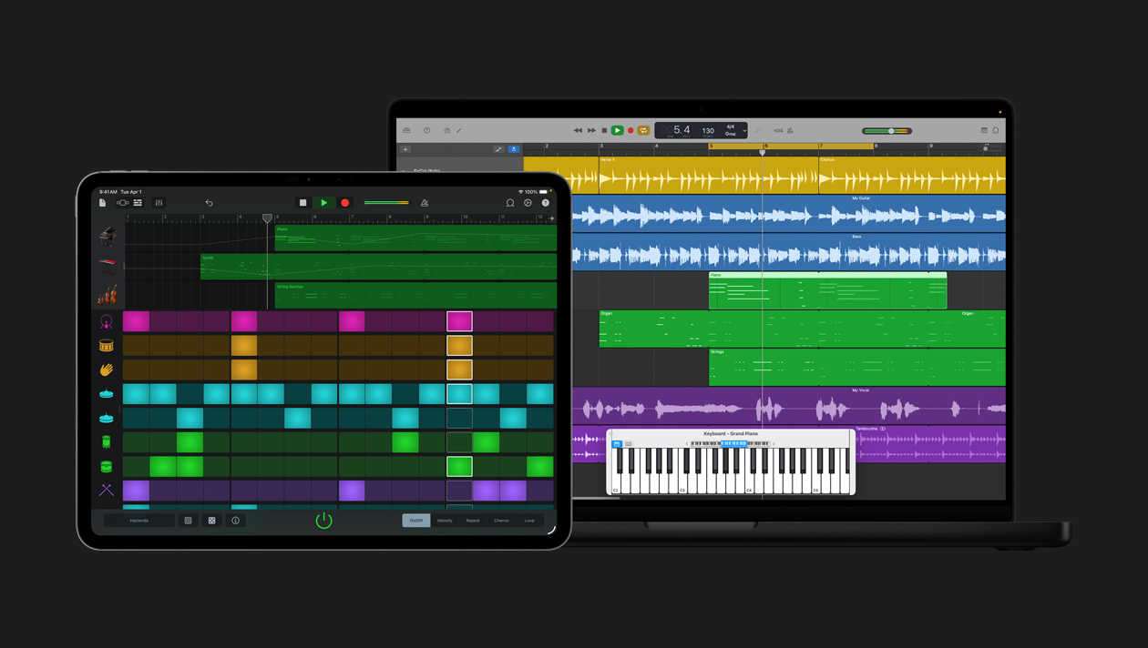 iPad Pro 13 screen showing workspace with instruments panel on the left and corresponding colors and audio waves next to them, MacBook Pro 16 screen showing rows for different instruments with different color soundwaves, grand piano keyboard at the bottom