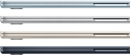 Side exteriors of four MacBook Air laptops, showcasing four different finishes