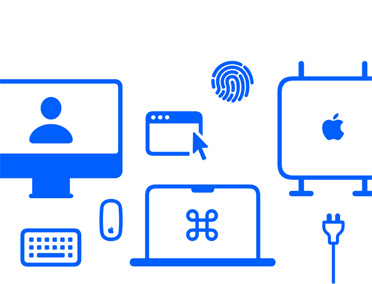 Apple devices and features, charging cable, Mac laptop and desktop, keyboard, mouse, display, macOS window, Touch ID