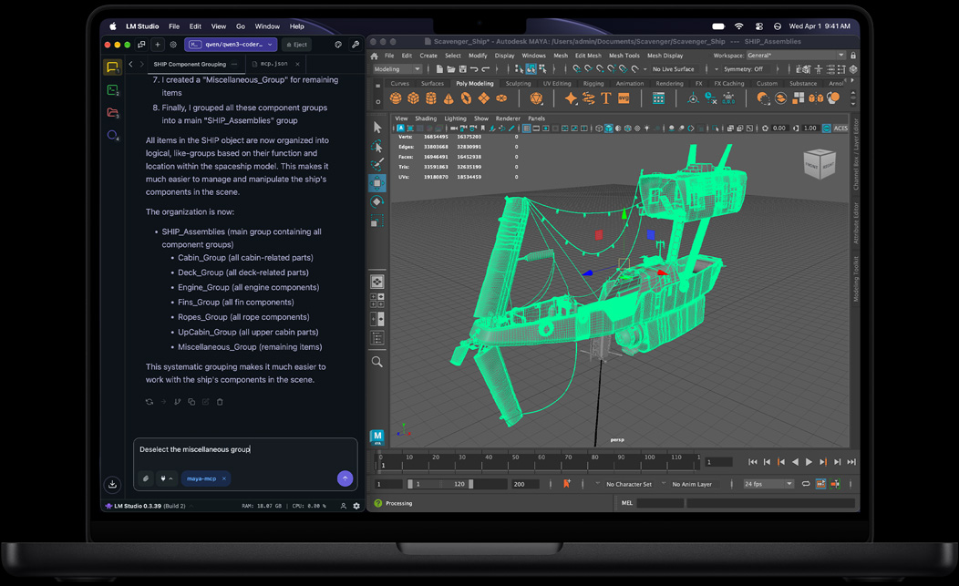 MacBook Pro, LM Studio, asistente de IA muestra una lista de pasos para agrupar componentes de una nave espacial, el mensaje dice: 