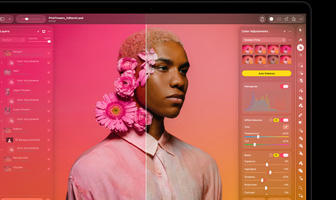 Pantalla que muestra Pixelmator Pro, imagen dividida que muestra el antes y el después, flores rosas en el cabello de la persona retratada, tonos rosa vibrantes en el lado izquierdo, tonos neutros en el lado derecho, panel Capas a la izquierda, panel Ajustes de Color a la derecha