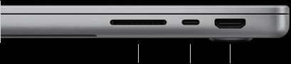MacBook Pro with M6 chip, silver color, closed, right side, showing three ports: SDXC, Thunderbolt 4, and HDMI