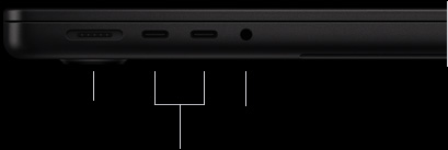 MacBook Pro with M5 Pro or M5 Max chip, space black color, closed, left side, showing the following ports: MagSafe 3, two Thunderbolt 5, and 3.5 mm headphone jack