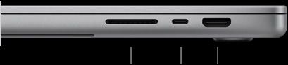 MacBook Pro with M5 Pro or M5 Max chip, silver color, closed, right side, showing three ports: SDXC, Thunderbolt 5, and HDMI