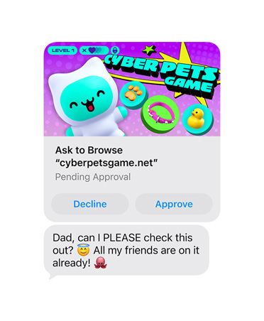 Schermata di un iPhone con un messaggio di testo che mostra lo screenshot del sito cyberpetsgame.net, i pulsanti Rifiuta e Approva sotto l’immagine, il testo del messaggio, Papà, posso dare un’occhiata? Tutti i miei amici ci giocano già