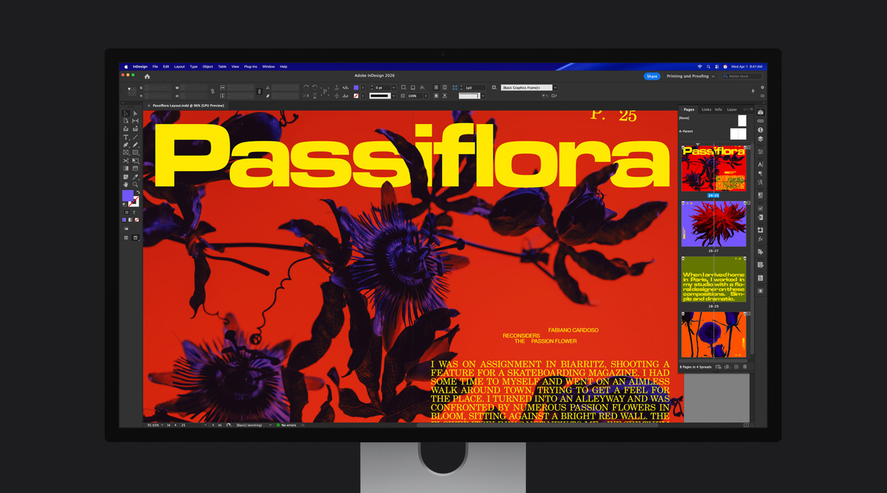 En un archivo de Adobe InDesign 2026, una página de revista muestra el espacio de color P3 + Adobe RGB